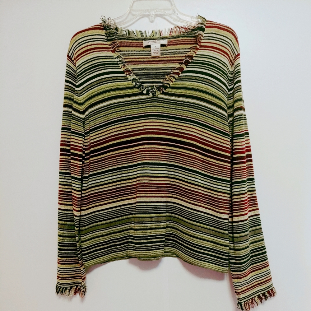 Judith Hart Collection Women's Tan Burgundy Green Striped Pullover Fringe Top 16